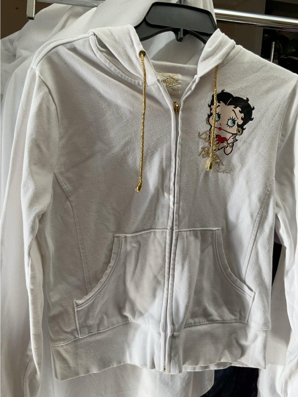 Betty Boop White Zip Hoodie with Gold Drawstrings